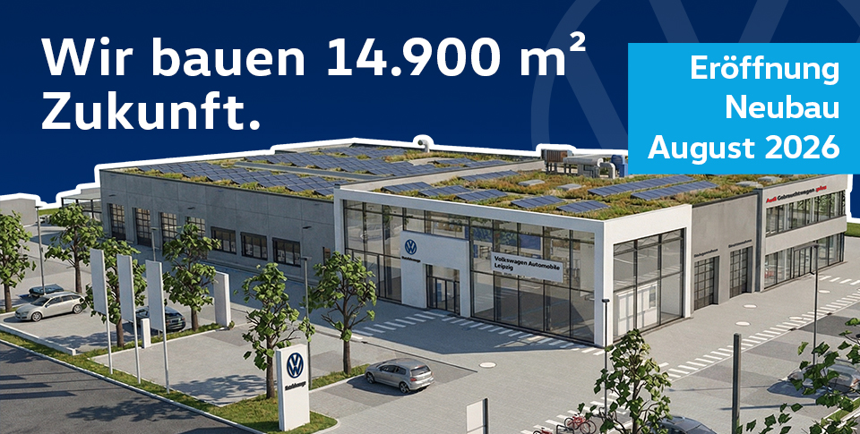 "Dreifach stark f&uuml;r Leipzig. Zukunftspower." auf blauem  Hintergrund. Daneben das neue Leipziger Rathaus mit Startort-Icons f&uuml;r Volkswagen Automobile Leipzig