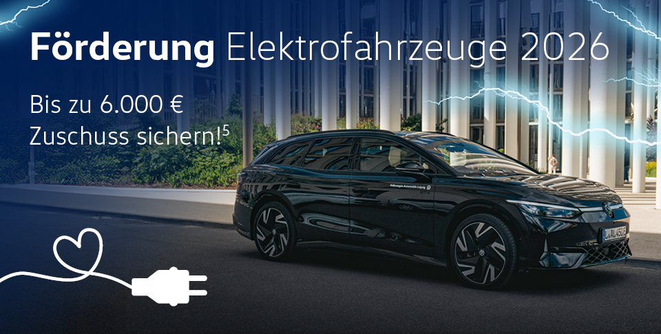 "F&ouml;rderung Elektrofahrzeuge 2026 - Bis zu 6.000 &euro; Zuschuss sichern!*" Schwarzer ID.7 Tourer GTX vor Sparkasse Leipzig