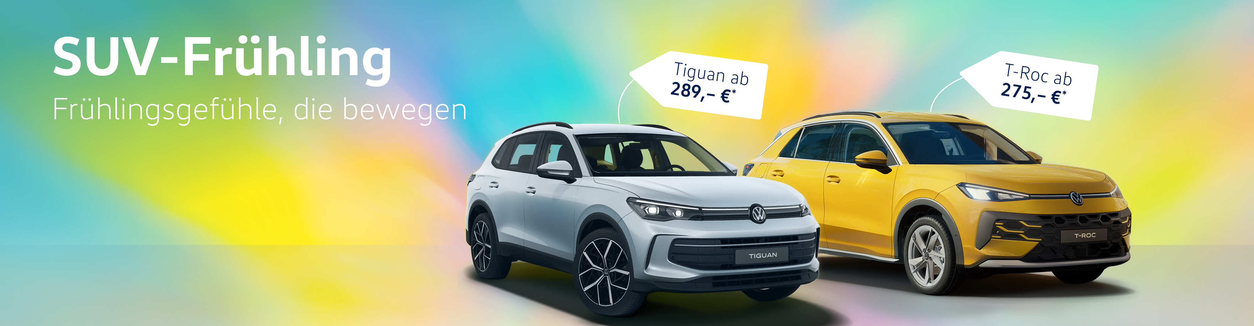 Tiguan Life in Silger und T-Roc Life in Gelb auf buntem Hintergrund. Aktion:"SUV-Fr&uuml;hling".