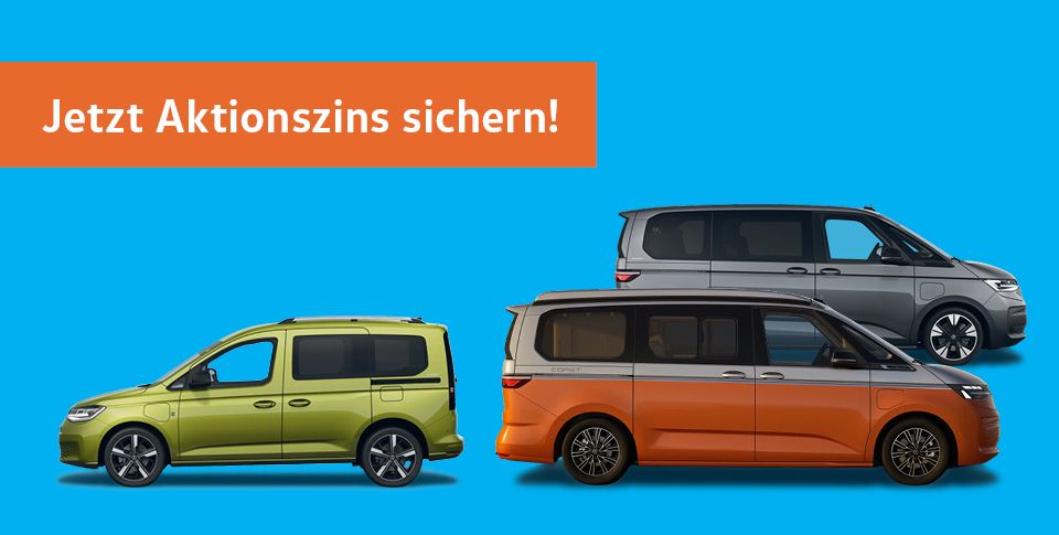 Caddy e-hybrid in Gelbgr&uuml;n, California in Orange-Silber und Multivan in Dunkelgrau auf hellblauem Untergrund. St&ouml;rer: Jetzt Aktionszins sichern!