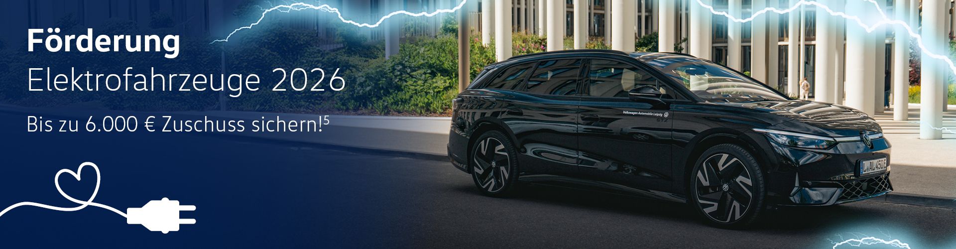 "F&ouml;rderung Elektrofahrzeuge 2026 - Bis zu 6.000 &euro; Zuschuss sichern!*" Schwarzer ID.7 Tourer GTX vor Sparkasse Leipzig