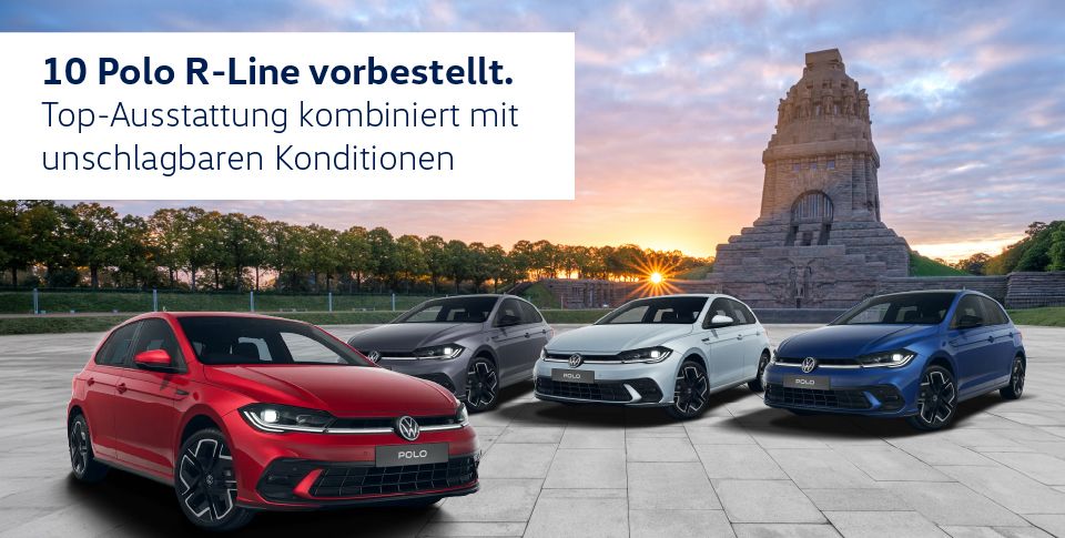 Vier Polo R-Lines Modelle in Rot, Blau, Crystal-Ice-Blue und Grau stehen vor dem V&ouml;lkerschlachtdenkmal. Aktion: Polo R-Line mit Top-Ausstattung.
