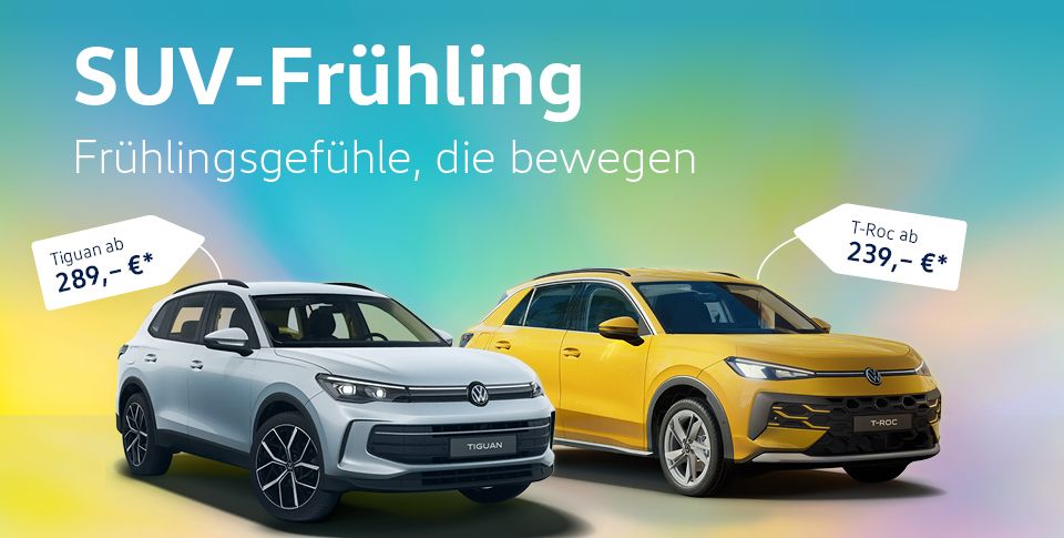 Tiguan Life in Silger und T-Roc Life in Gelb auf buntem Hintergrund. Aktion:"SUV-Fr&uuml;hling".